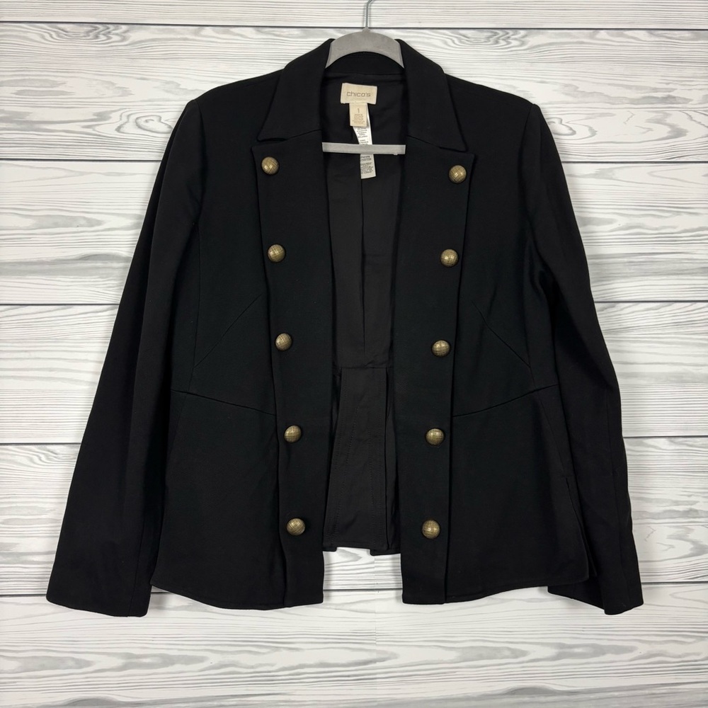 Chico’s Double Breasted Black Gold Studded Blazer Jacket Size 1 (Medium/8) - Picture 1 of 5